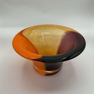 Teleflora Hand Blown Art Glass Center Piece Swirl Bowl Vase Orange Amber Purple